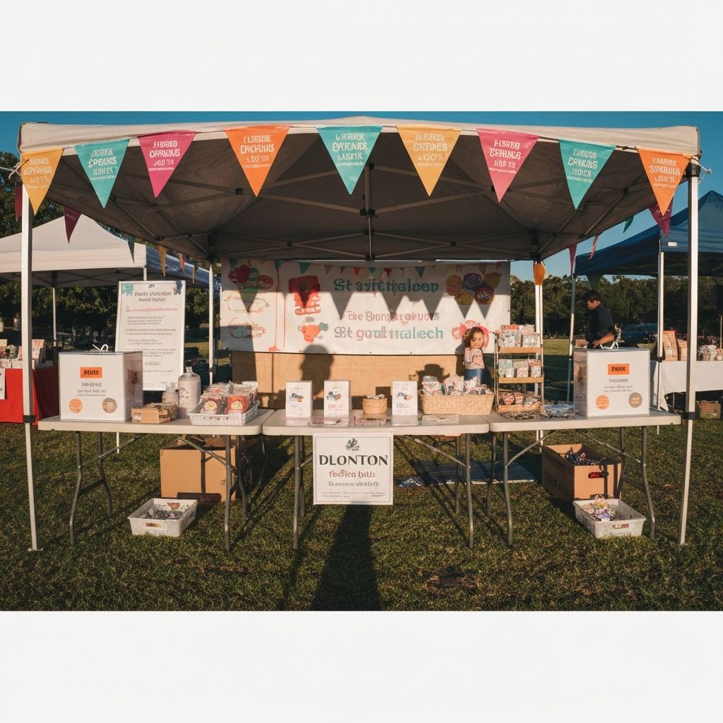 Outdoor charity fundraising stall with banners and donation boxes